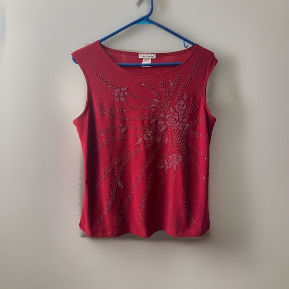 Bleecker and McDougal Top Womens Large Read Beaded Holiday Sleeveless Shell USA - Picture 1 of 9